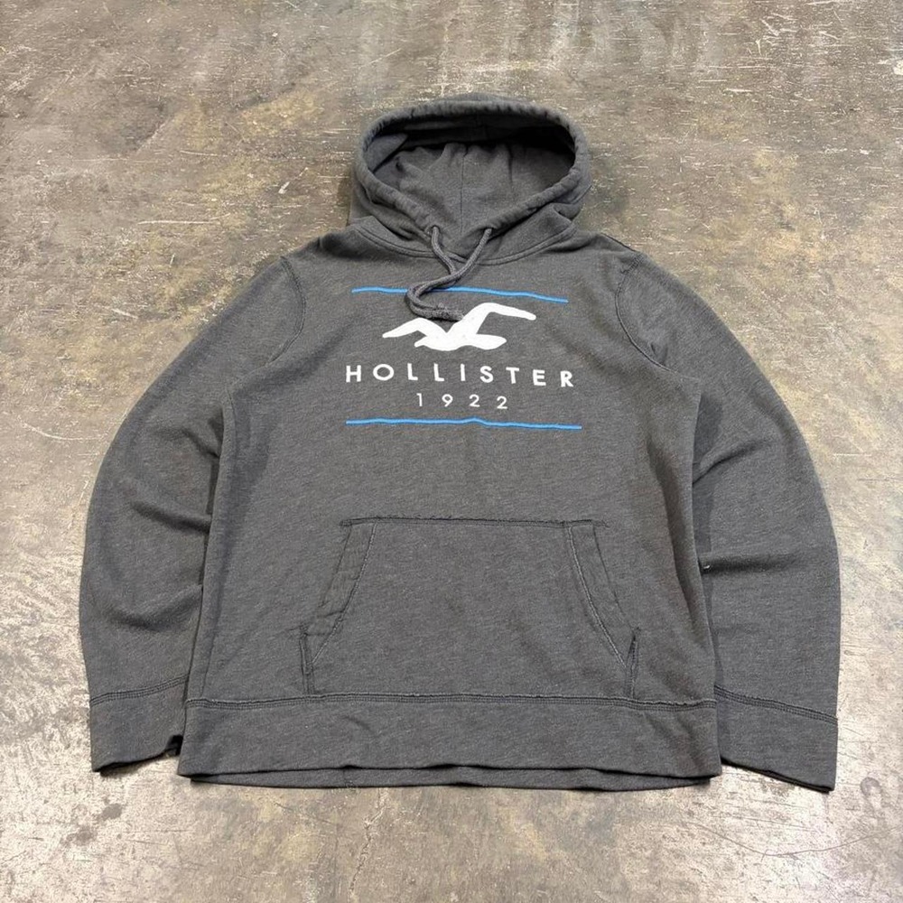 Hollister Mens Grey Y2K Surfwear Graphic Hoodie Sweatshirt Medium 1922 Logo